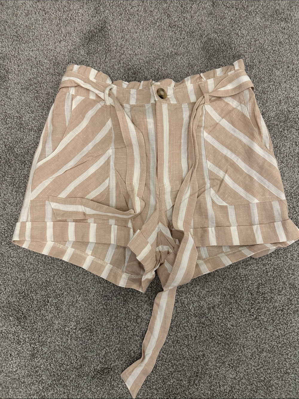 High-Waist Striped Paperbag Shorts in Beige & White